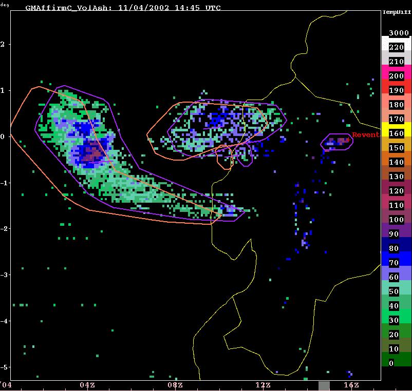 Tracking Volcanic Ash Clouds 4 November 2002 0046-1545 UTC Algorithm output at 30 min intervals Ash cloud is