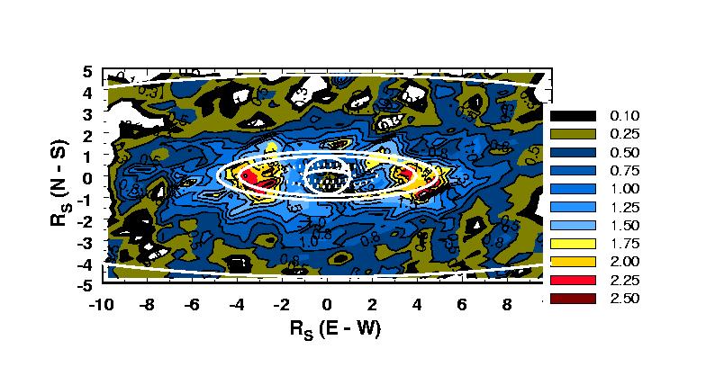 Figure 1.10 Cassini UVIS image of pre-soi Saturn magnetosphere atomic oxygen emission from 2004 DOY 93 through 2004 DOY 133. Atomic oxygen 1304 Å emission obtained between 02 April and 12 May, 2004.