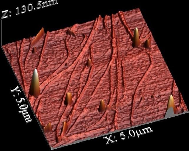 AFM images showing 2D, 3D and Height Profile diagram (left to right) of α-nq formed from