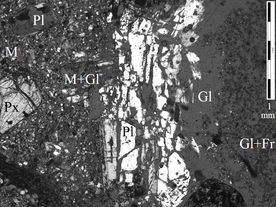 12 Partially recrystalised plagioclase phenocryst (Pl, arrow) on the contact with melt (glass, Gl). M+Gl matrix and glass. Crossed polarizers. of the rock.
