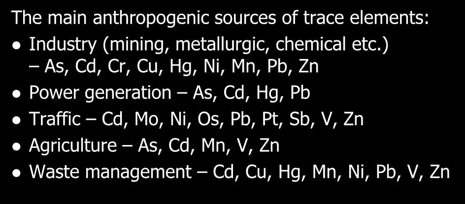 Anthropogenic trace element input The main anthropogenic sources of trace elements: Industry (mining, metallurgic, chemical etc.