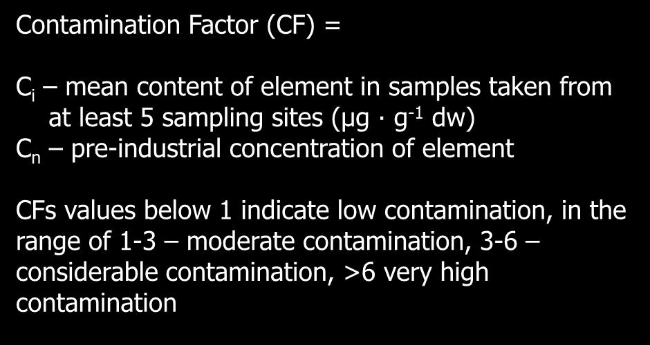 Anthropogenic influence assessment Geochemical calculations Contamination Factor (CF) = C i mean content of element in samples taken from at least 5 sampling sites (μg g -1 dw) C n