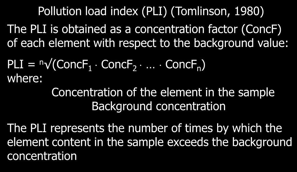 Anthropogenic influence assessment Geochemical calculations Pollution load index (PLI) (Tomlinson, 1980) The PLI is obtained as a concentration factor (ConcF) of each element with respect to the