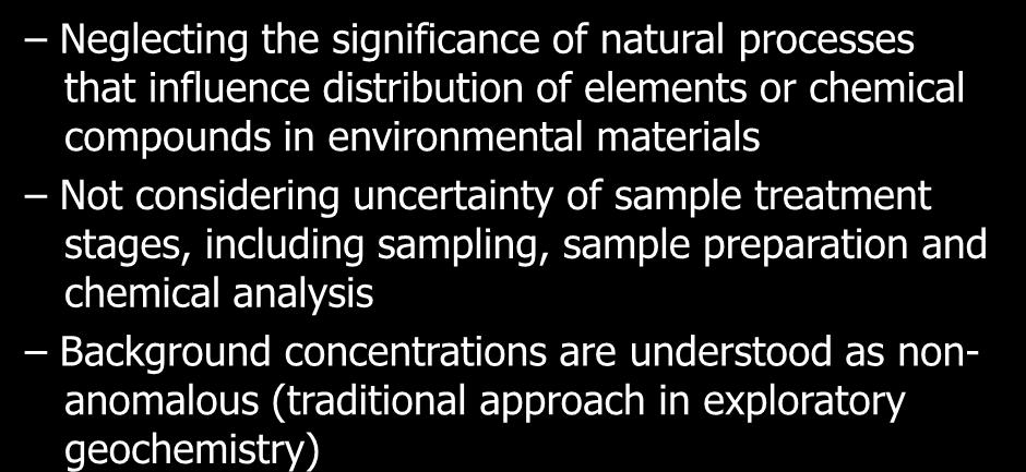 Disadvantages of indirect methods Neglecting the significance of natural processes that influence distribution of elements or chemical compounds in environmental materials Not considering