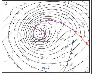 (b) Surface isobars (solid black lines; interval 4 hpa), isotherms (dashed gray lines; interval 4 ), and horizontal winds (pennant, full barb, and half-barb denote 25, 5, and 2.