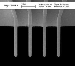 Implant Sheet resistance Substrate Four-point probe Figure 1: Scanning Electron Microscope (SEM) image of a microscopic four-point probe. The cantilever electrodes are 2 µm wide and 25 µm long.