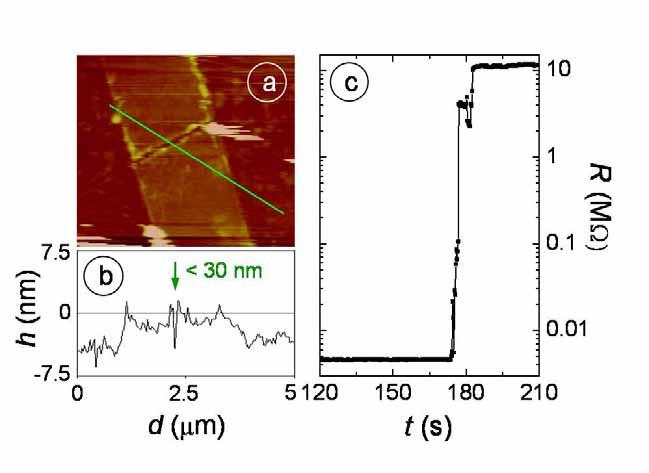 Fig. 4. (Color online) Resistance measurement during the oxidation of a six-layer graphene ribbon. (a) AFM-micrograph taken directly after the oxidation with an unbiased tip.