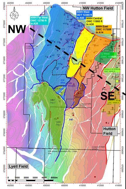 [14] The former NW Hutton Field is structurally complex All the coloured blocks illustrated right indicate separate oil columns with different pressures.