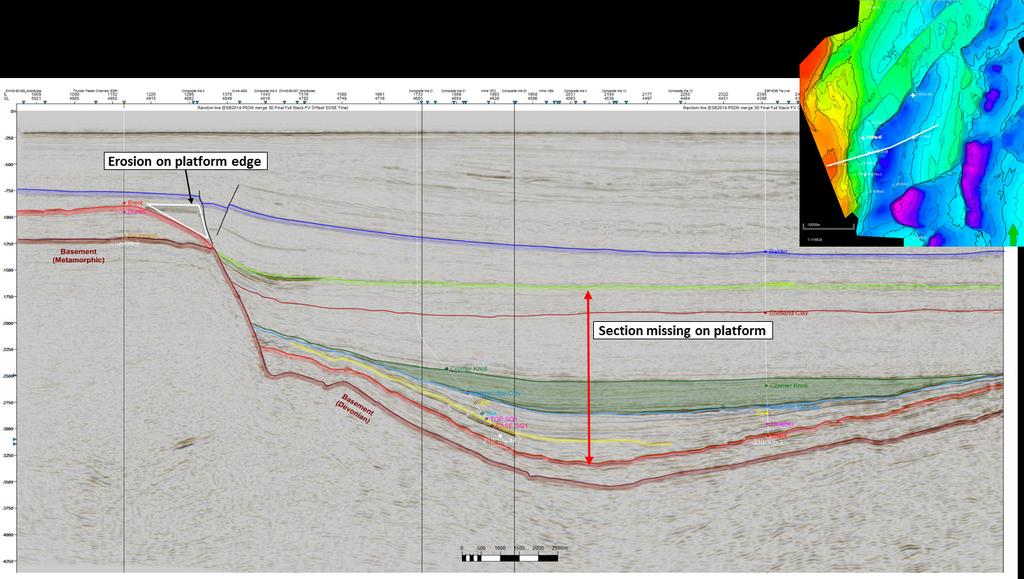 Figure 21: Seismic line from East Shetland Platform to Thunder basin. Line shows erosion along edge of East Shetland Platform (white triangle).