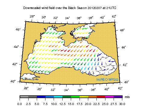 Figure 5 : Downscaled wind field for the storm situation on February 7, 2012 over the Black Sea (left) and scatterometer wind data from ASCAT, Metop-A satellite for 07.02.2012 at 18:36 UTC (right).