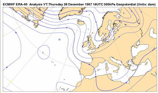 500 hpa geopotential surface height (the right image) analysis from 28.12.1967 at 18UTC from ECMWF ERA-40.
