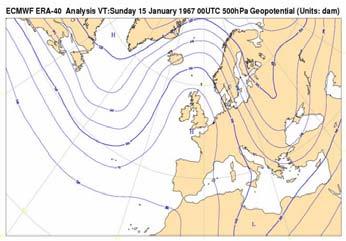 1967 at 00UTC from ECMWF ERA-40. The Azores High is well developed both at surface and in altitude and is extended over Central Europe.