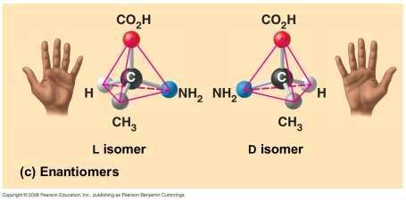 Enantiomers Enantiomers: isomers that are mirror images of each other You can think of them as left-handed and right-handed versions of a molecule Just as you right hand won t fit into a left-handed