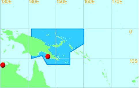 Port Moresby is designated as a TCWC with geographic specialization EQ 141E, 10S 141E, 09S 144E, 12S 147E, 12S 155E, 08S 155E, 05S 160E, EQ 160E, EQ 141E.