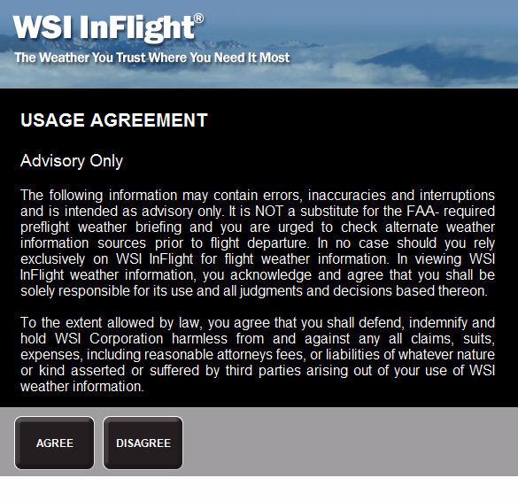 26 Figure 8: Usage Agreement window Wait for the system to load and all connections to be properly established. The WSI InFlight display window then appears.
