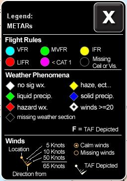 WSI InFlight User Guide 43 Figure 24: Graphical METAR/TAF icons Flight Rules Icons Weather Phenomena Icons Wind direction and speed (wind barbs) METARs are issued by reporting airports each hour,
