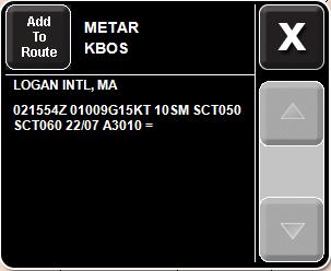 44 Figure 25: Text METAR example For a more detailed description of meaning of these displays, refer to Table 4, Flight rule color codes, on page 44 or Table 5, Weather condition color codes, on page