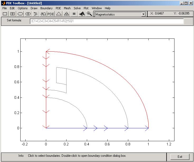 Magnetostatics Before moving to the PDE mode, select the boundaries along the x-axis and set the boundary condition to a Neumann condition with g =0andq =0.