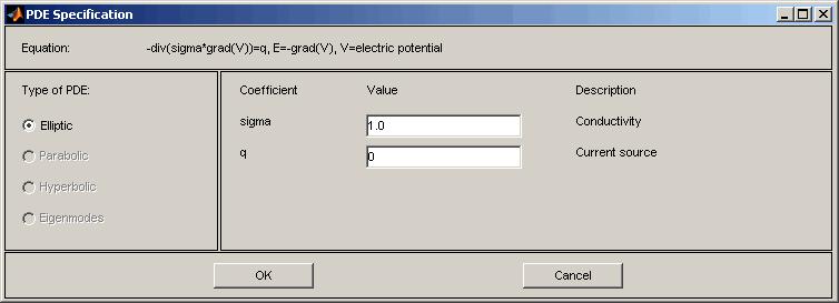 Conductive Media DC 15 Open the PDE Specification dialog box by clicking PDE > PDE Specification. 16 Set the current source, q, parameter to 0.