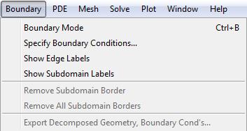 Boundary Menu Boundary Menu Boundary Mode Specify Boundary Conditions Show Edge Labels Show Subdomain Labels Remove Subdomain Border Remove All Subdomain Borders Export Decomposed Geometry, Boundary