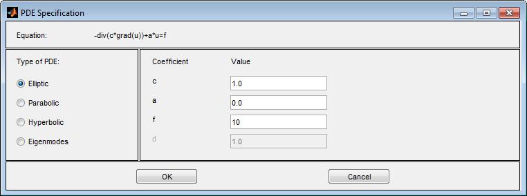 4 Graphical User Interface PDE Specification in pdetool PDE Specification opens a dialog box where you enter the type of partial differential equation and the applicable parameters.