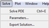 Solve Menu Solve Menu Solve PDE Parameters on page 4-26 Export Solution Solve the partial differential equation for the current CSG model and triangular mesh, and plot the solution (the