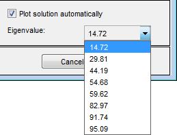 Plot Menu For eigenvalue problems, the bottom right part of the dialog box contains a pop-up menu with all eigenvalues. The plotted solution is the eigenvector associated with the selected eigenvalue.