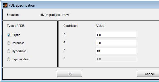 Coefficients for Scalar PDEs in pdetool Coefficients for Scalar PDEs in pdetool To enter coefficients for your PDE, select PDE > PDE Specification.