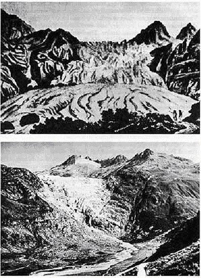 Retreat of the Rhone Glacier shown by comparing the drawing from 1750 (top) and