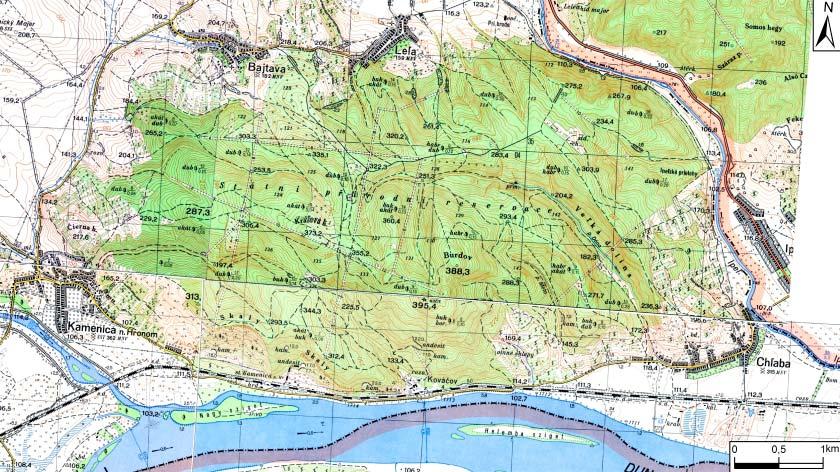 Obr. 9. Burda na vojenskej topografickej mape 1 : 25 000 z roku 1956 (kompilácia 4 mapových listov, georeferencovaných do systému S-JTSK) Fig. 9. Burda Mts.