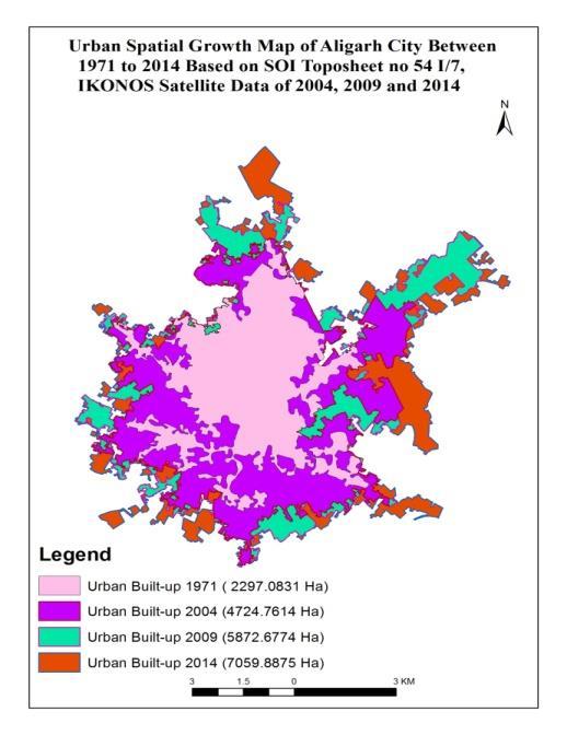 overlaying of these vector layers of three time period data, the area for 1971, 2004, 2009 and 2014 has been calculated in GIS, which is 2224.6555 hectare in 1971, 4724.7614 hectares in 2004, 5872.