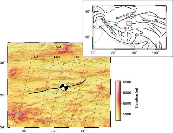 I. Ryder et al. Figure. Location map (inset) and shaded relief topography for the Manyi area. DEM is 9 m SRTM.