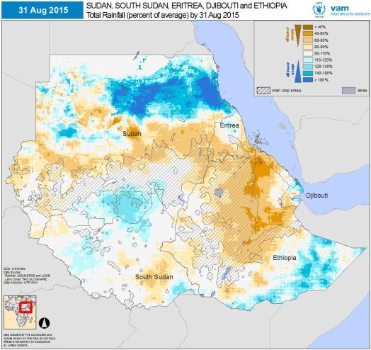 Blues and greens for above averge, oranges and browns for below average Ethiopia faces a delicate situation with widespread rainfall deficits affecting northern and central Ethiopia, including