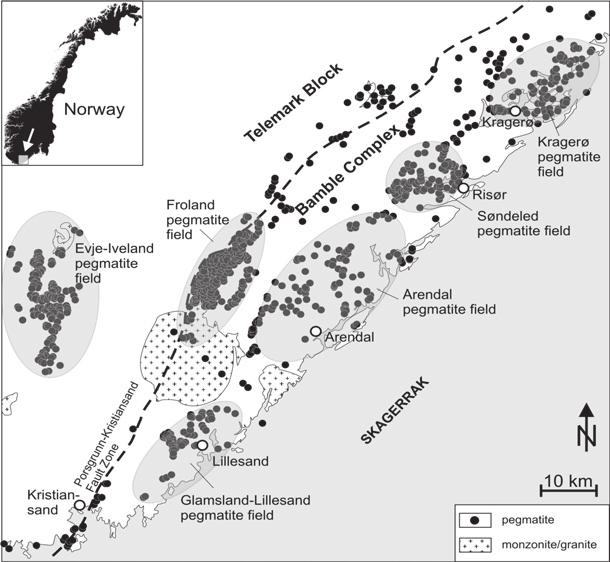 Axel Müller et al. Figure 1- Distribution of major pegmatites in the BEPC comprising the pegmatite fields of Evje- Iveland, Glamsland-Lillesand, Froland, Arendal, and Kragerø.