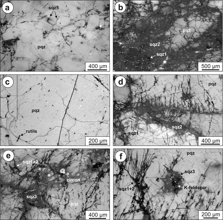 Fig. 23. SEM-CL images of pegmatite quartz from Løvland and Hellheia, midtre.