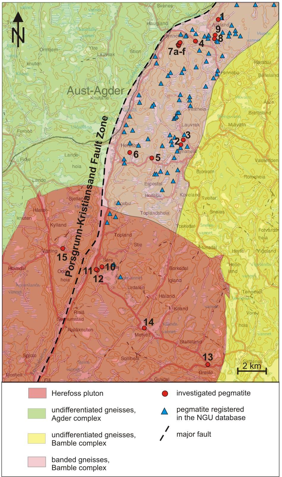 Fig. 2. Simplified geologic map of the Froland area and the distribution of major and by NGU registered pegmatite occurrences.