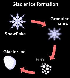 Depth Pure Ice (0.9 g cm -3 ) Formation of glacial ice Glacial ice begins as light fluffy snow with a density of 0.07 to 0.