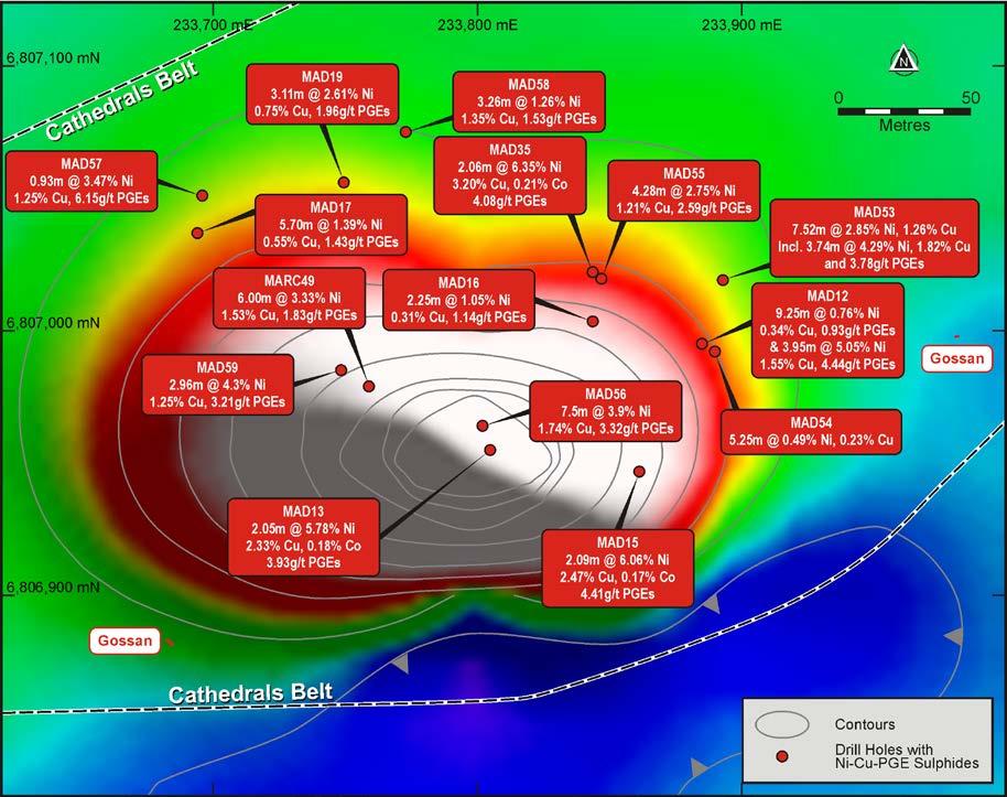 The Cathedrals ultramafic is interpreted from drill results to extend for a strike length of 400m with high grade mineralisation identified to date over a strike length of 200m.