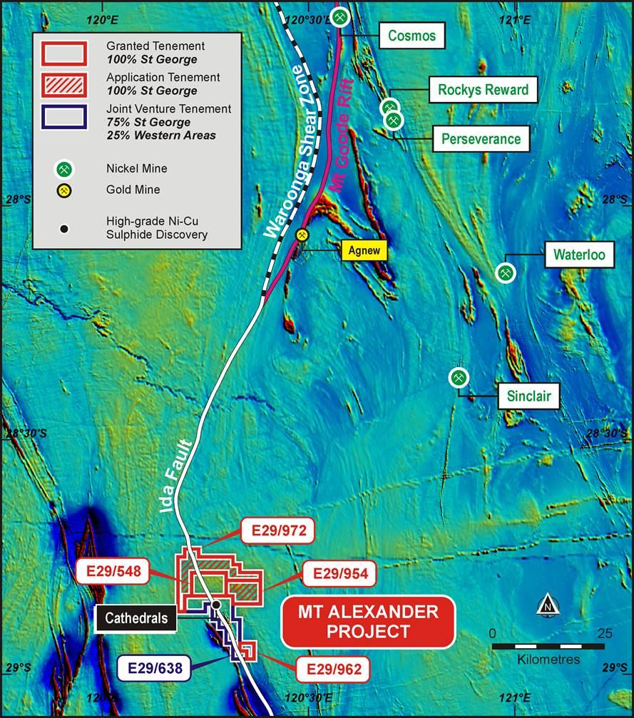Figure 6 a map (over TMI magnetics) showing the location of Mt Alexander Project to the south-west of major nickel projects in the Agnew-Wiluna Belt.