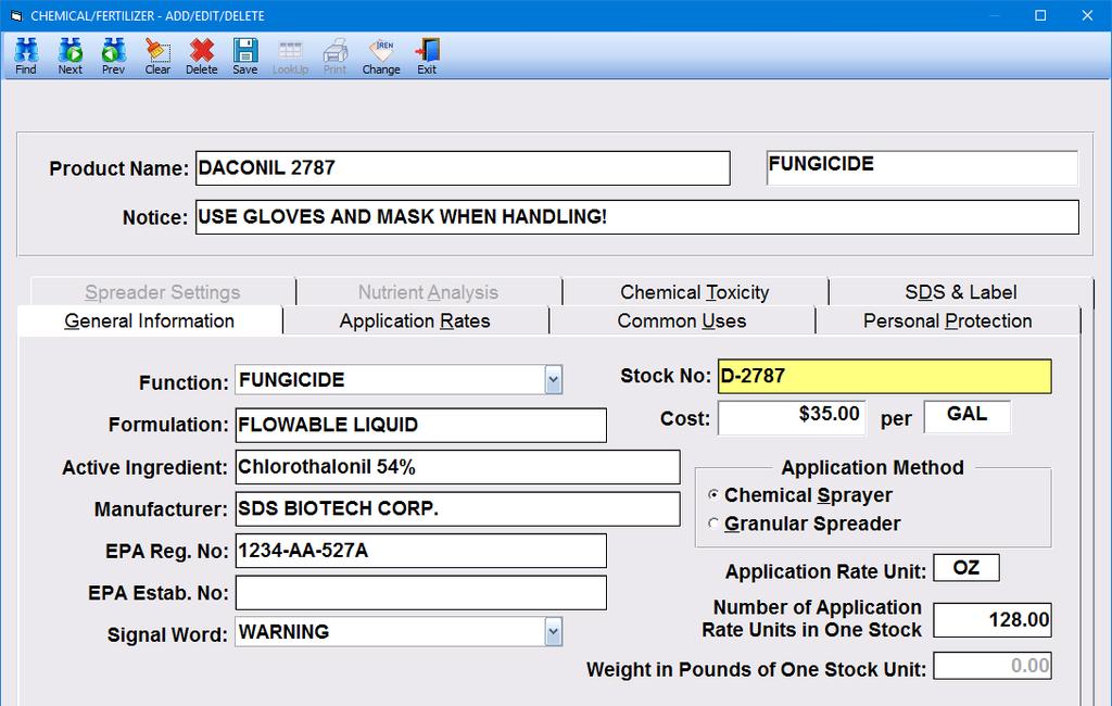 Adding/Editing Chemical Products Adding a New Chemical Product From the Chemical & Fertilizer Browse Table, click on the NEW tool. The Chemical/Fertilizer - Add/Edit/Delete Screen will appear.