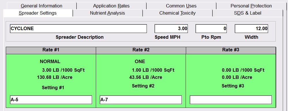 Entering Spreader Settings If the Application Method entered on the General Information Tab indicates Granular Spreader, the Spreader Settings Tab will be active and will allow you to enter Spreader