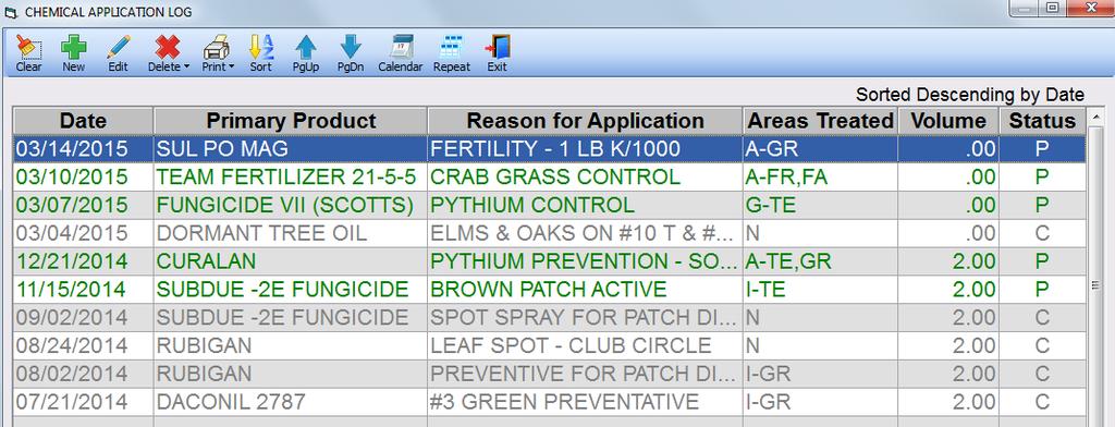 Chemical Application Log The Chemical Application Log contains a record of all chemicals applied to the various sections of your grounds.