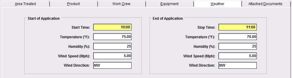 Recording Weather Conditions Weather Conditions at the Start and End of the Chemical Application can be recorded in the Chemical Application Log. Enter the Start Time (hour) of the Application.