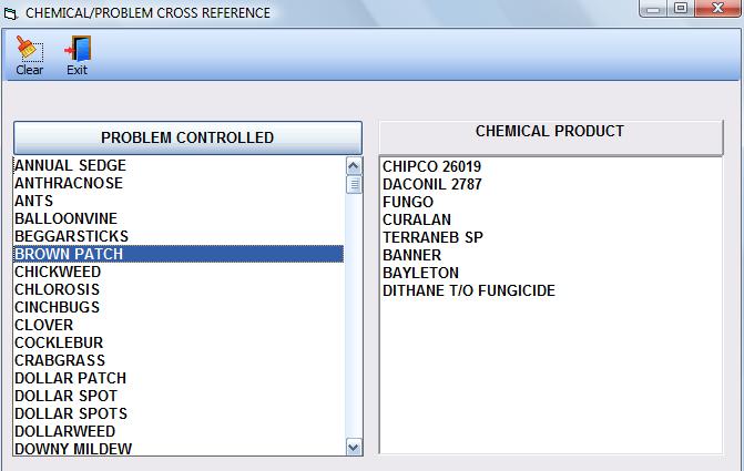 The Chemical/Problem Cross Reference Screen will appear with the selected Product highlighted in the left column and the Problems Controlled by that Product listed in the right hand column.