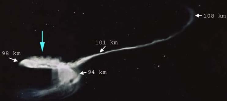 A photograph of the TMA TOMEX trail on the downleg. The arrow points to the KH billows which occurs between 96 and 99 km.