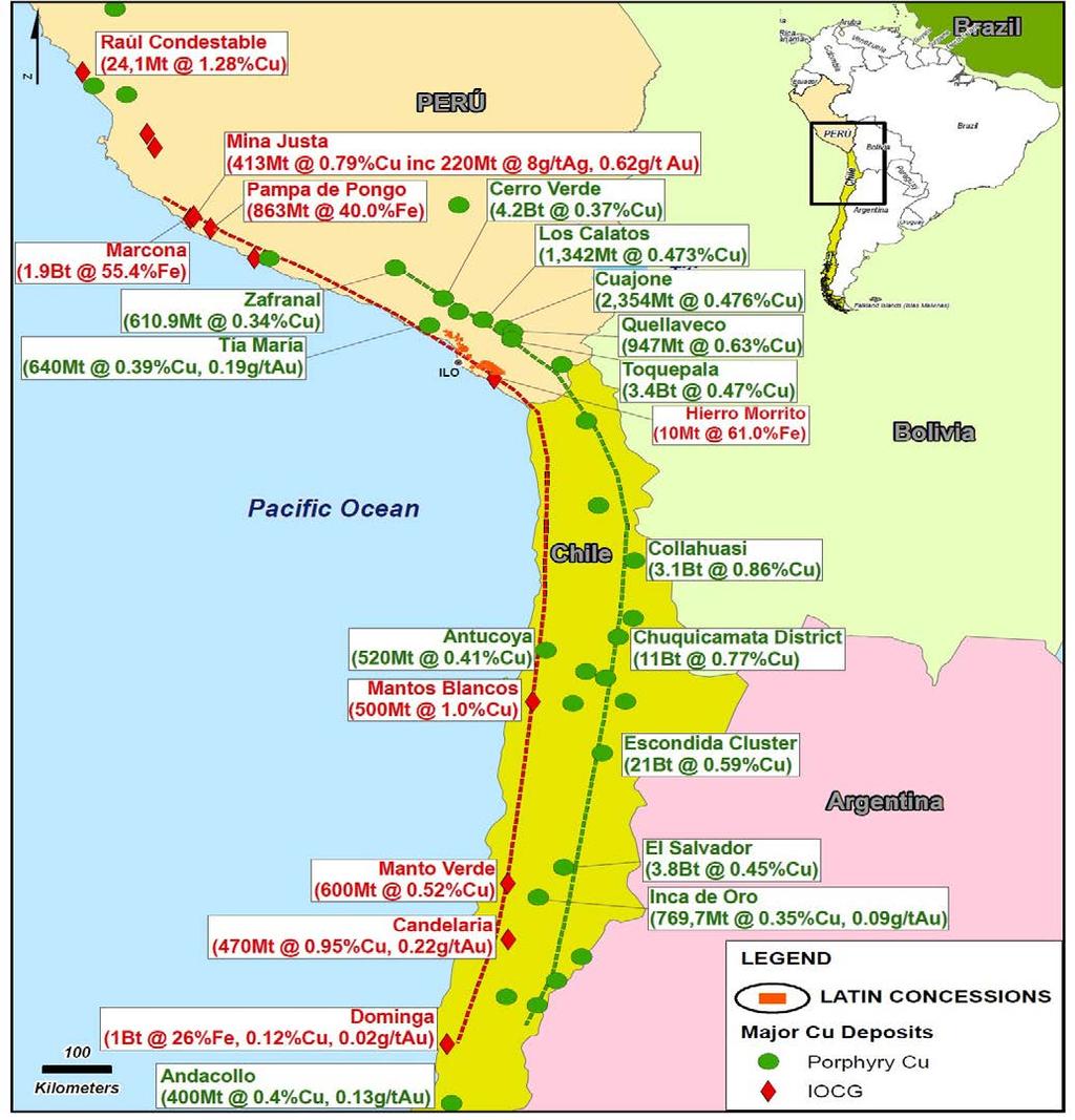Southern Peru Copper projects Several significant IOCG and Porphyry deposits occur along the lower western slopes of the Andes in Peru and Chile in similar geological terrain as that found in Latin s
