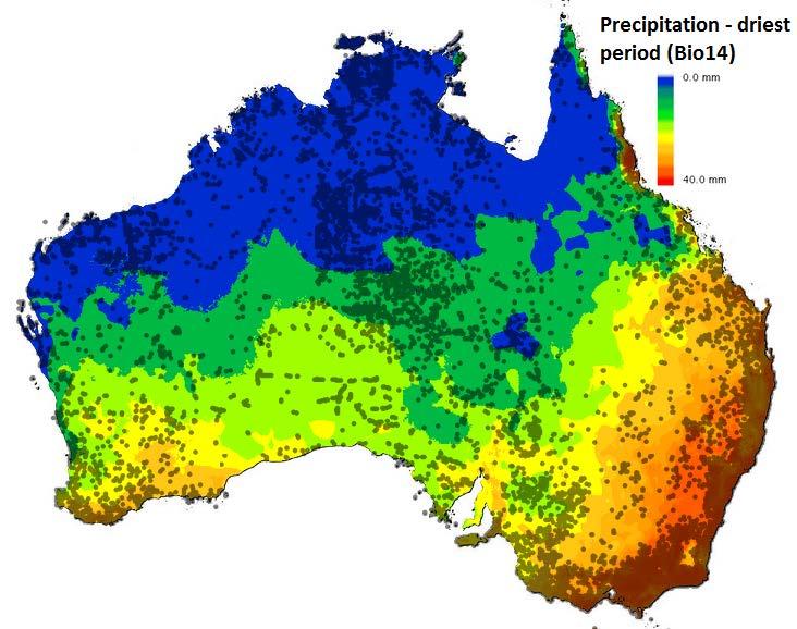 Minimum Precipitation Figure 8: Likelihood of finding a species within each cluster compared to the likelihood of finding a species within the reference MOG cluster as the precipitation in the driest