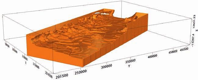 Resistivity depth slice at approximately 500 m above sea level from the voxel volume shown in Figure 8. Complete Bouguer Gravity anomaly.