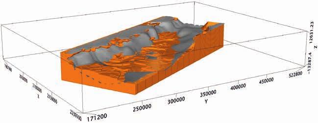 (c) Figure 10 View from the southeast of the basement-sediment interface as interpreted from all geophysical data excluding the ZTEM and MT