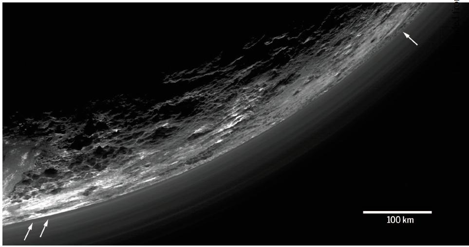 6 Figure 6: Multispectral Visible Imaging Camera (MVIS) image of haze layers above Pluto's limb. About 20 haze layers are seen from a phase angle of 147.